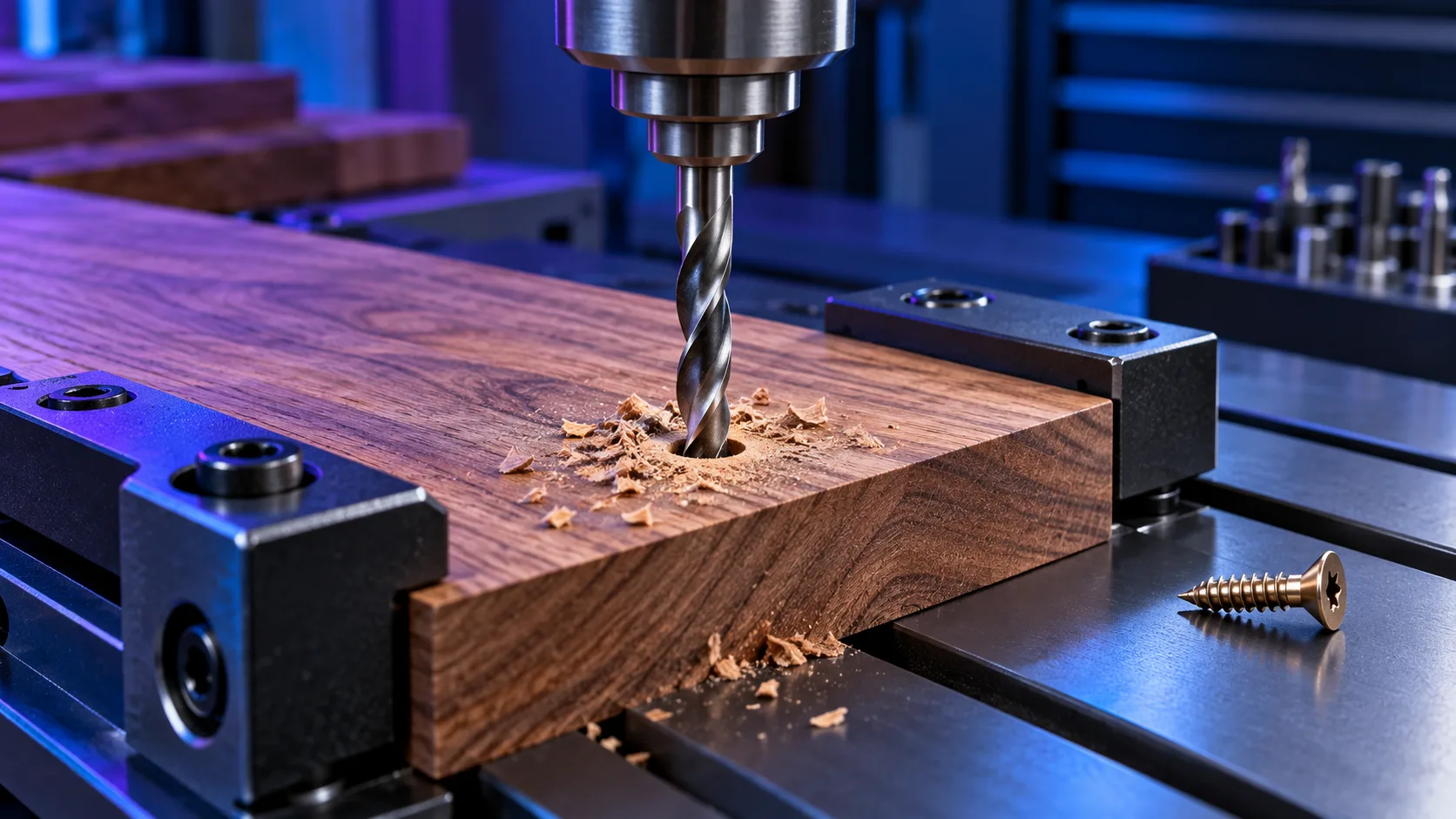 HSS drill creating a #10 wood screw pilot hole in hardwood