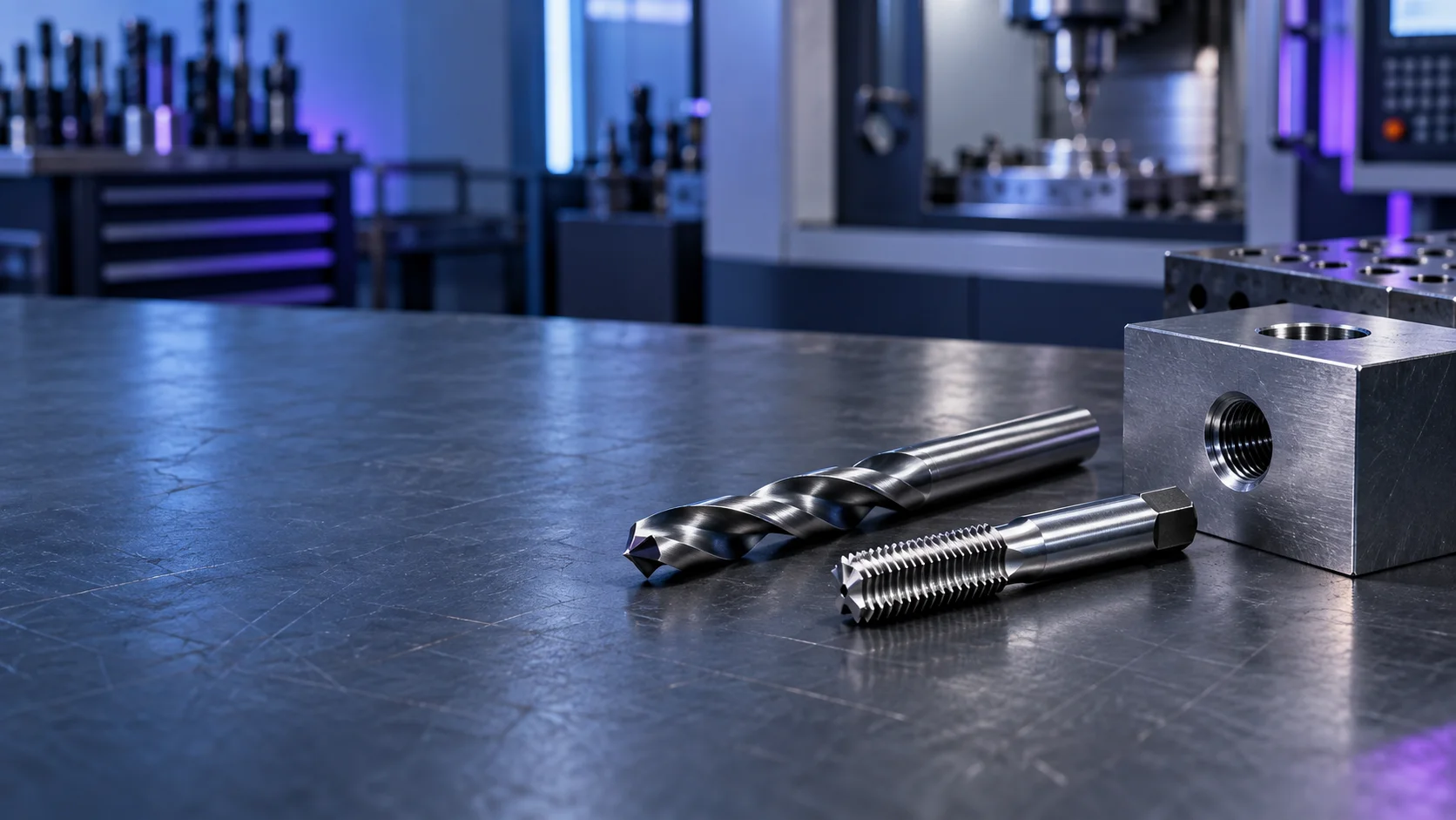 #7 drill bit and 1/4-20 UNC cutting tap on a CNC machining workbench