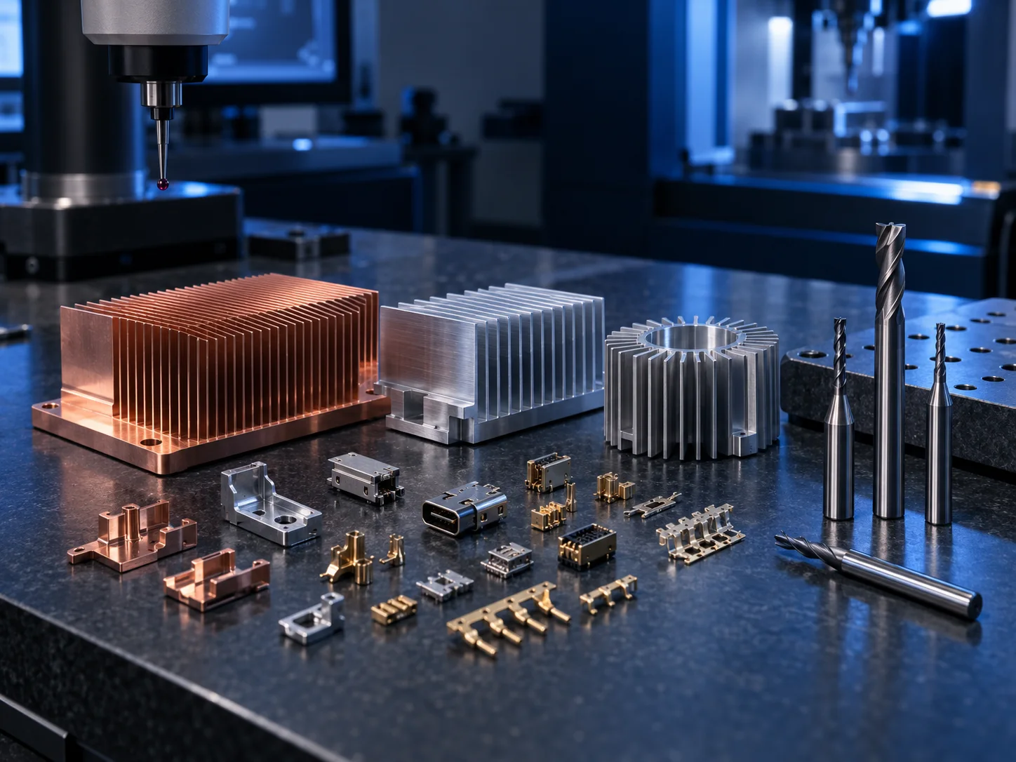 Machined copper and aluminum heat sinks, connectors and micro cutting tools