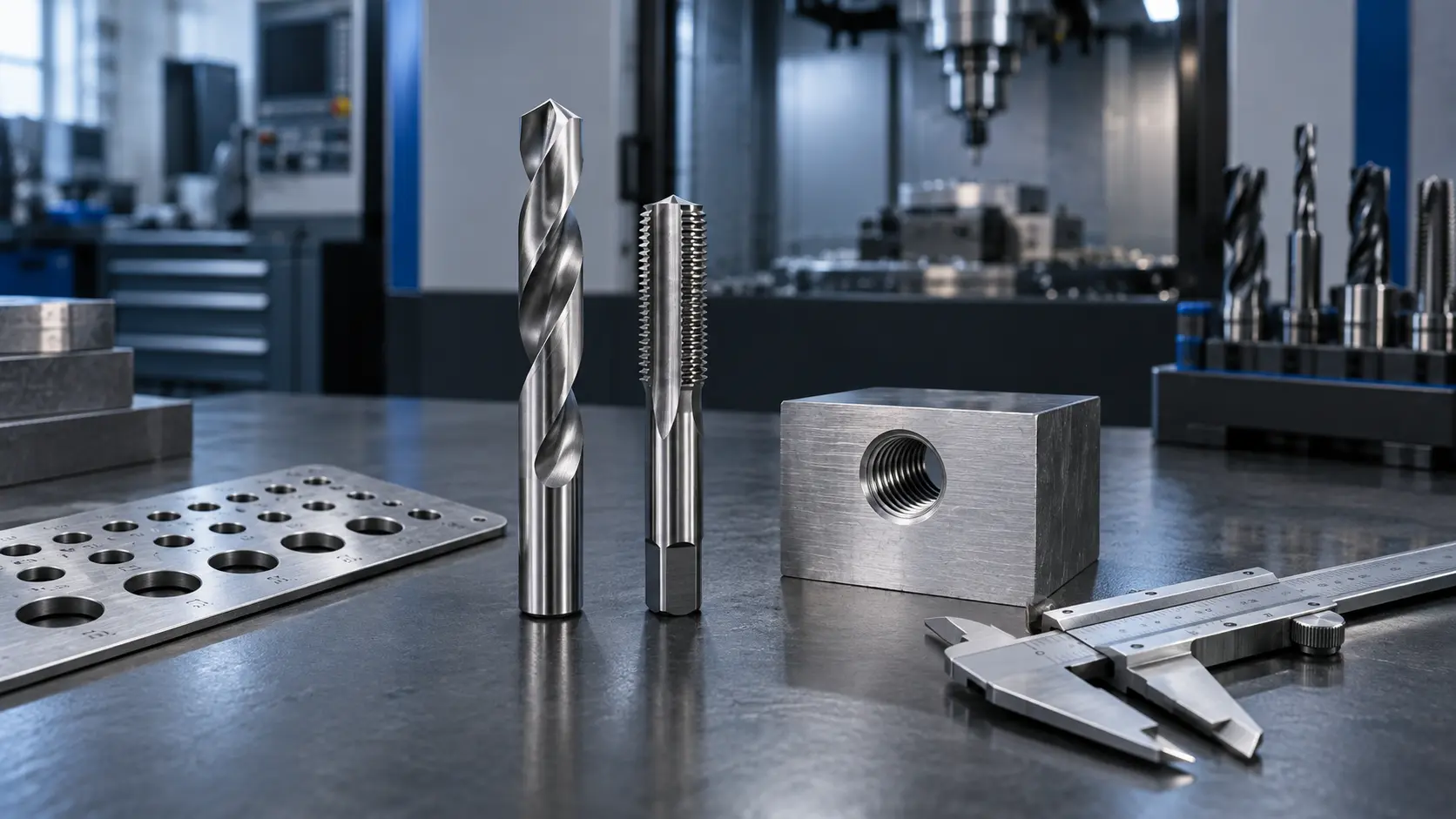 Carbide drill, 5/16 tap and threaded steel block for tap drill size selection