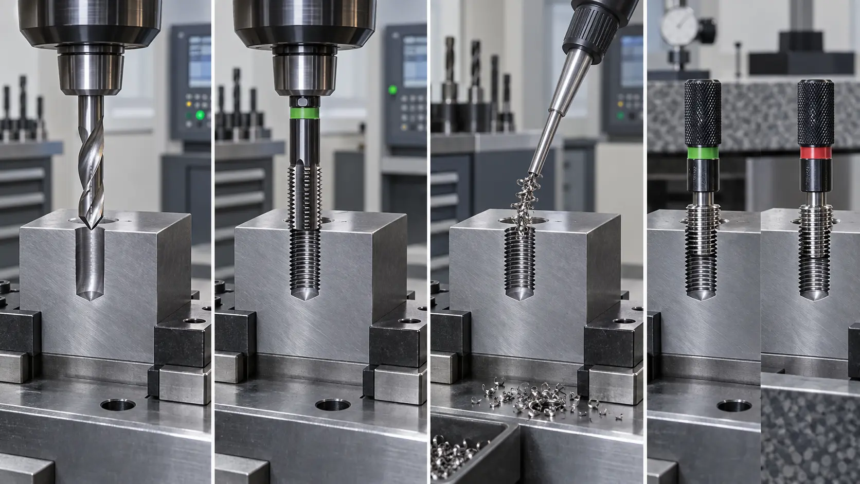 Blind-hole drilling, tapping, chip removal and thread plug gauge inspection workflow