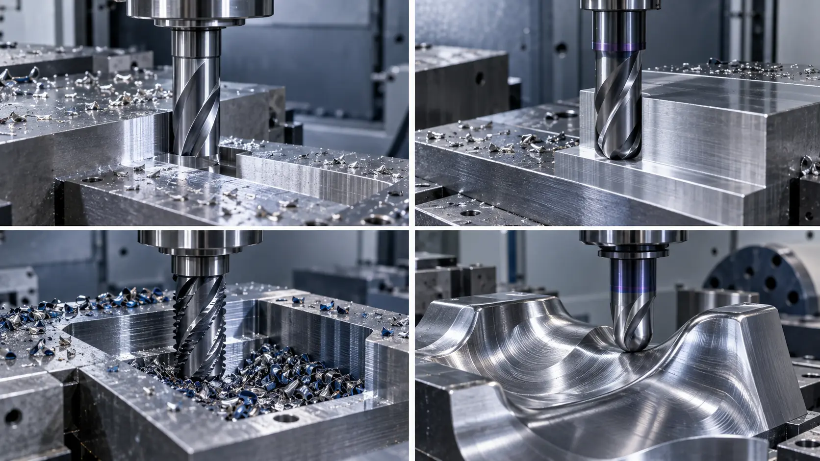 Square, corner radius, roughing and ball nose end mills matched to CNC operations