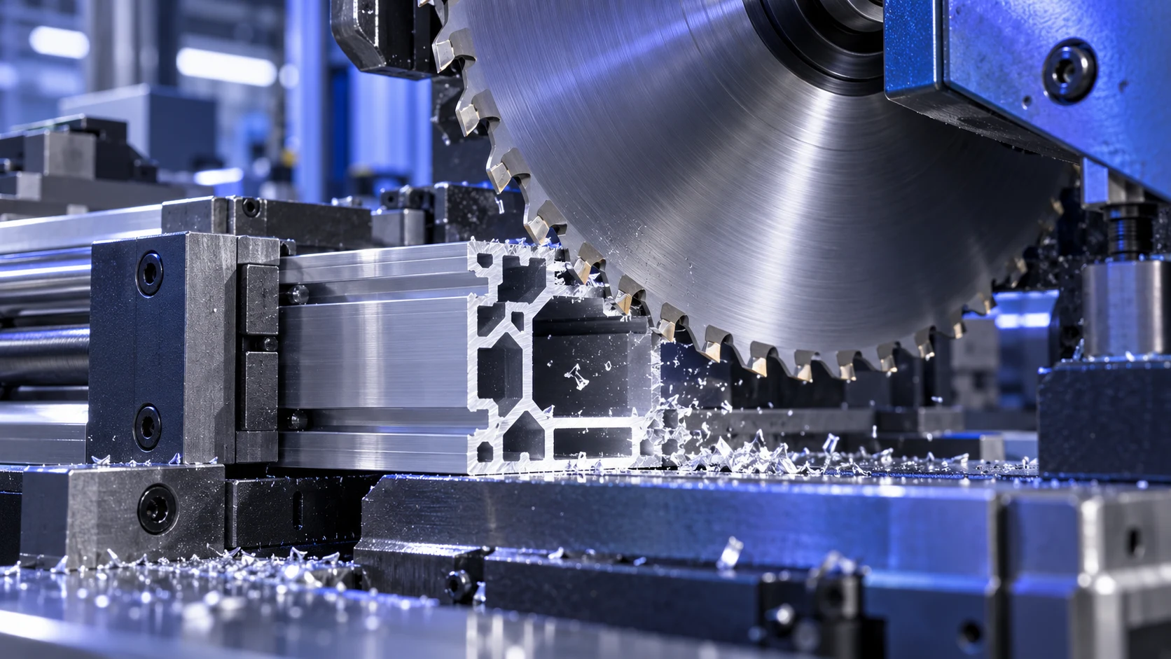 Carbide-tipped saw blade cutting aluminum extrusion profile