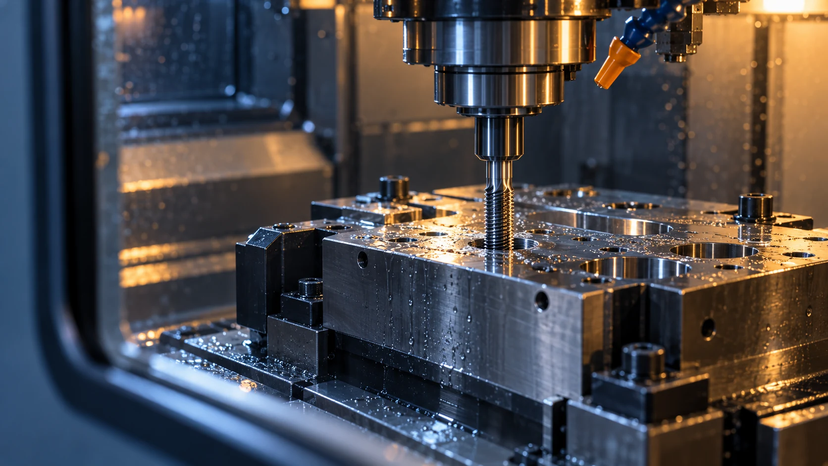 Carbide tap cutting a thread in a clamped hardened steel mold block inside a CNC machine