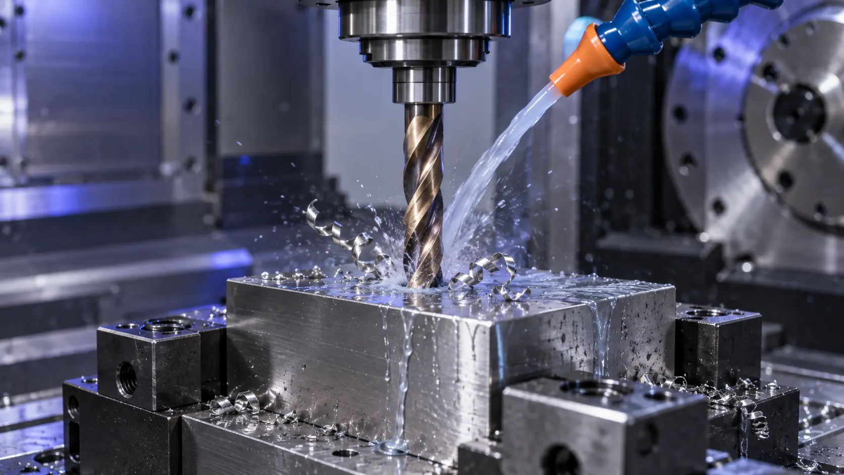 Cobalt HSS drill drilling a stainless steel component with coolant in a CNC machine