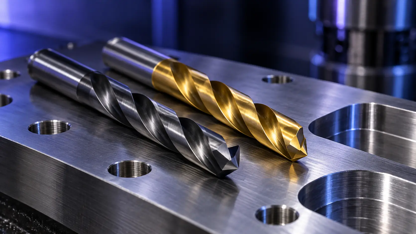 Cobalt HSS drill bit and titanium-coated HSS drill bit comparison on a machined metal plate