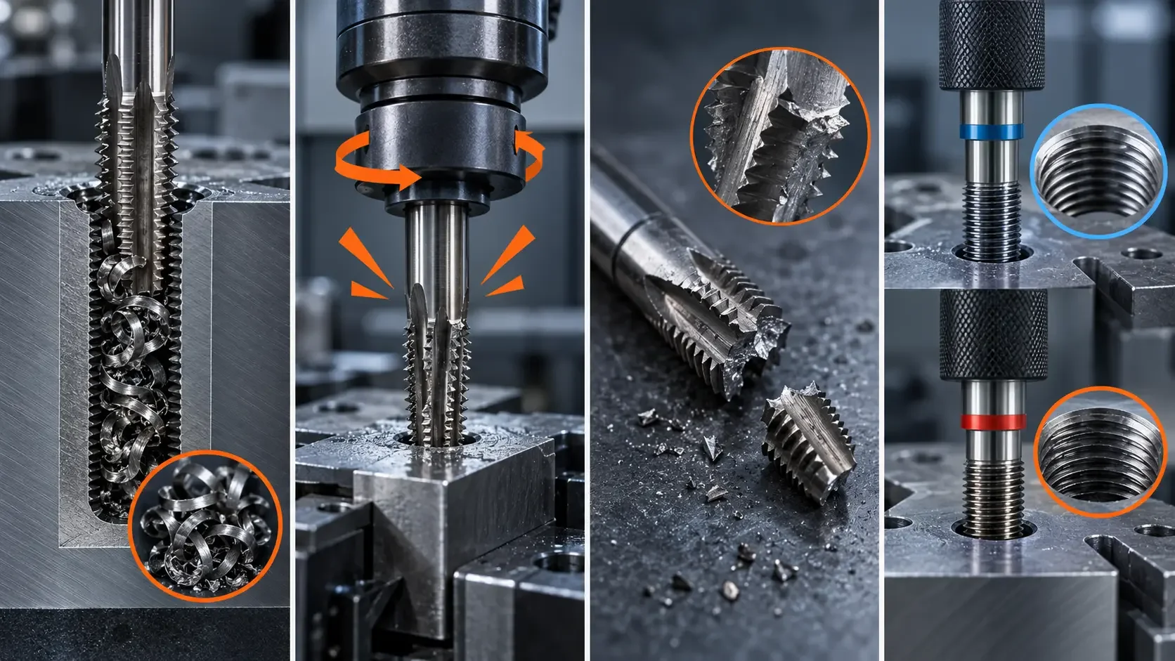 Common tapping problems including chip packing, excessive torque, tap breakage, and thread inspection