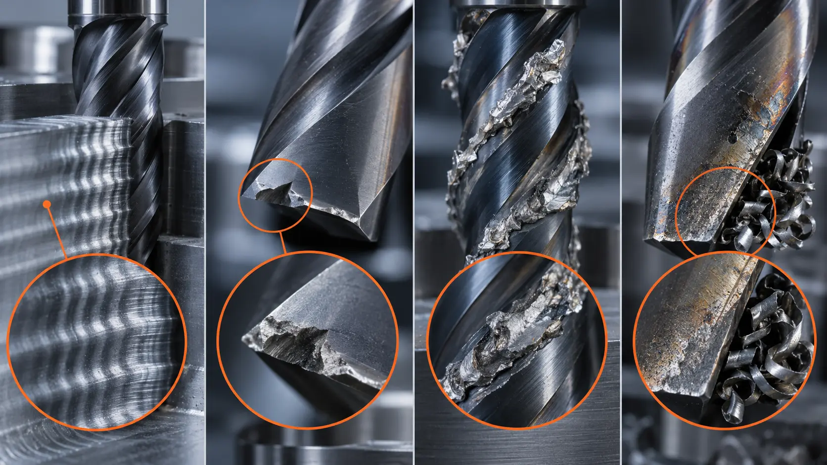 Carbide end mill problems including chatter, chipped cutting edges, built-up edge and wear