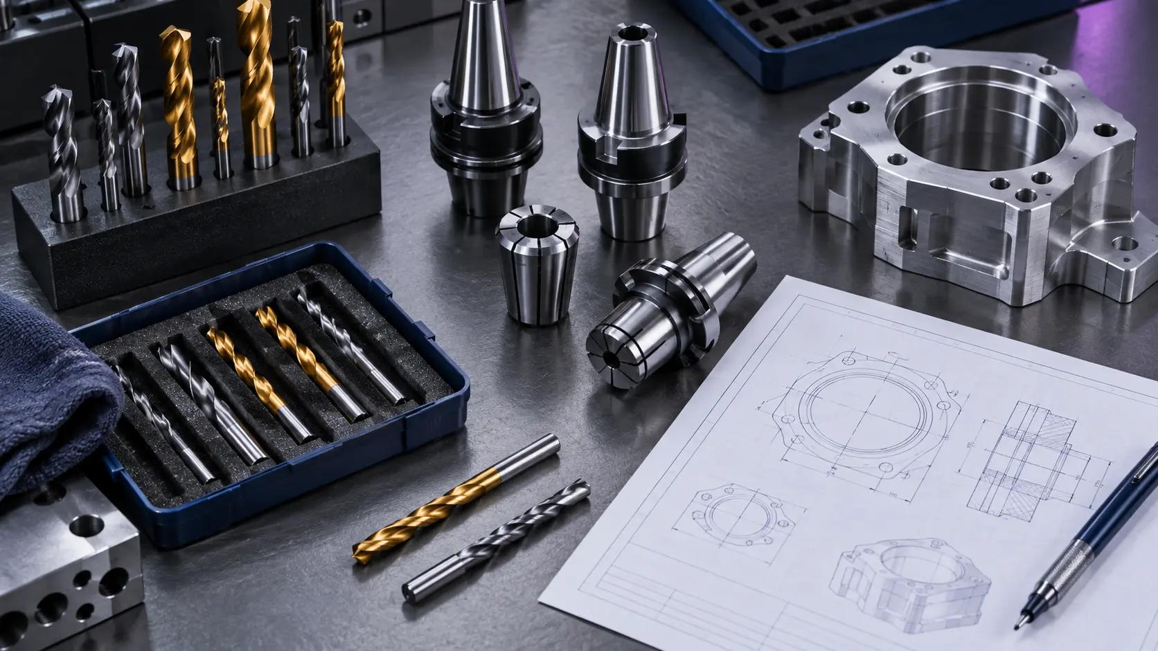 Cobalt and titanium-coated drill tooling selection with holders and a machined component