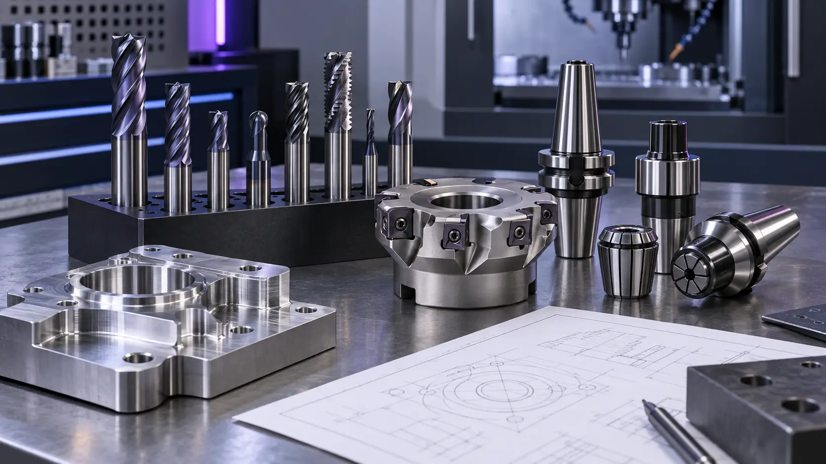 Custom CNC milling cutters, face mill and holders arranged for B2B tooling selection