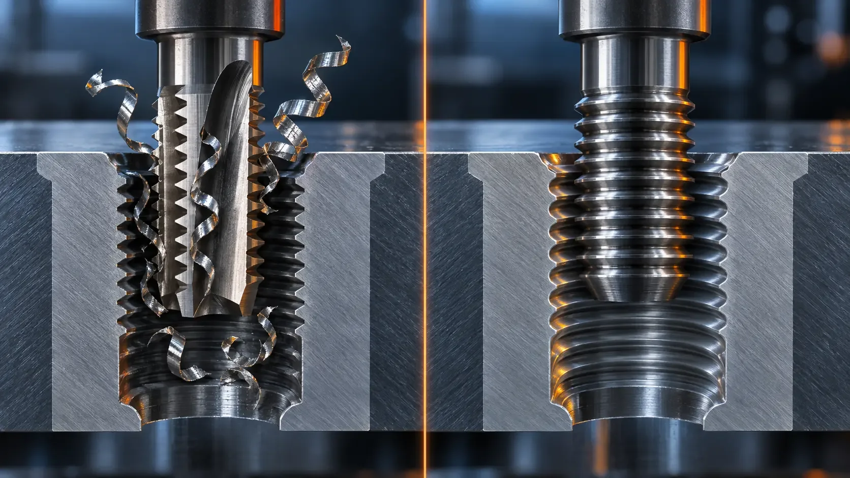 Cutaway comparison of a chip-producing cutting tap and a chipless form tap