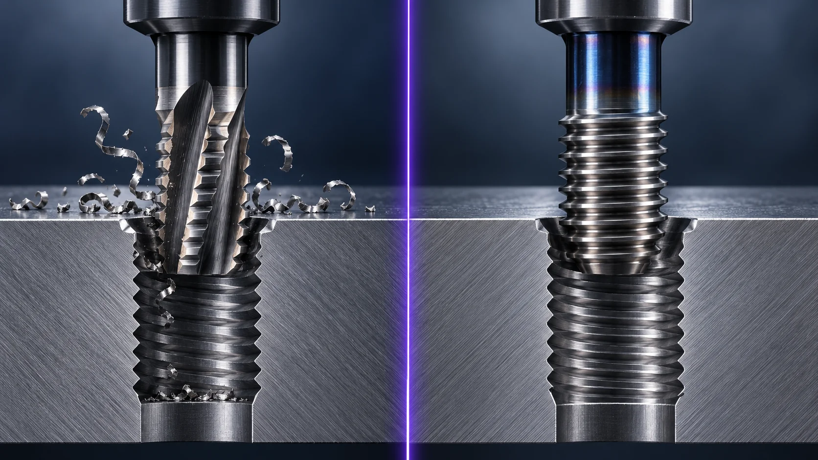 Cutting tap producing chips compared with a chipless form tap in metal