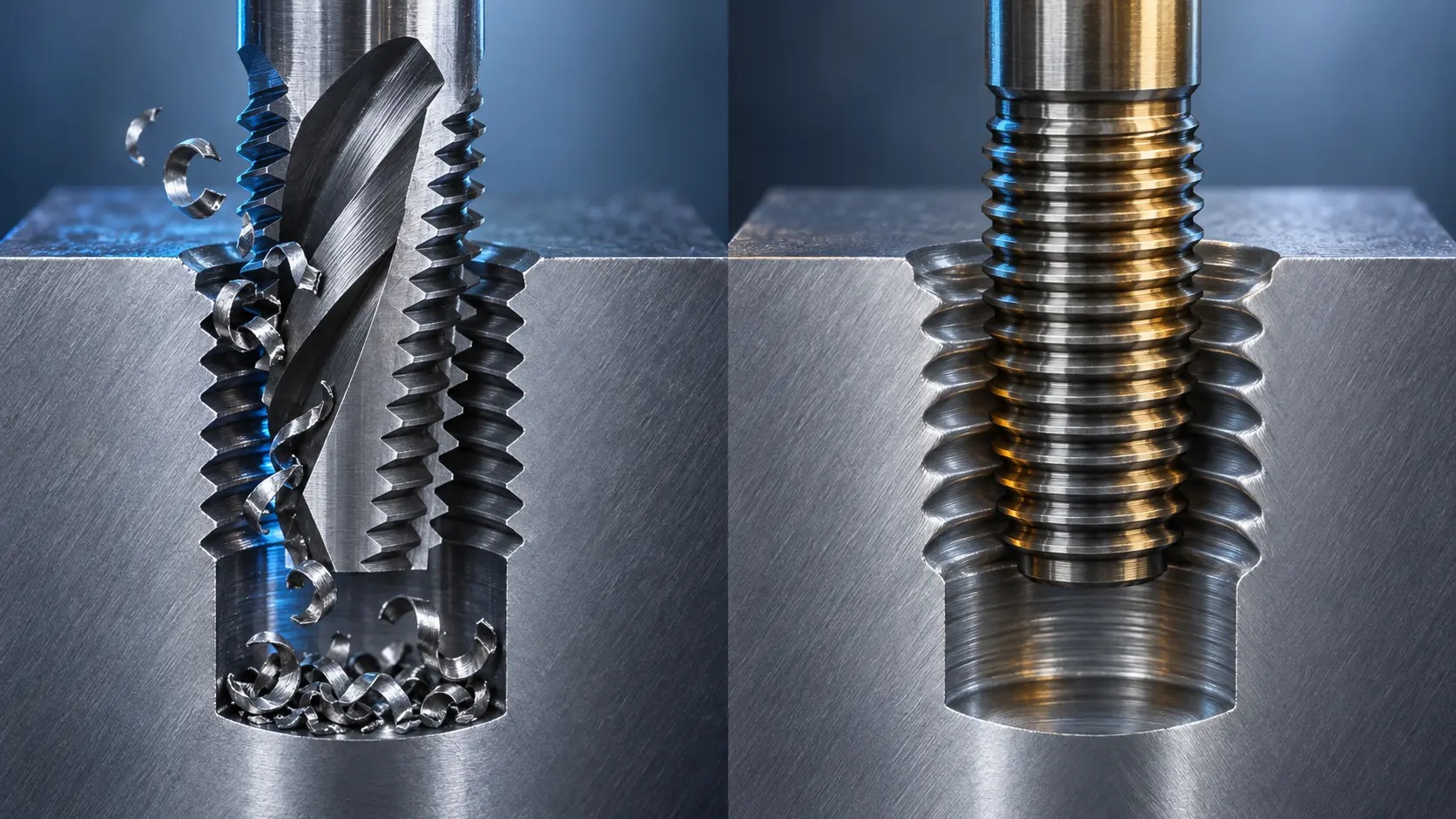 Cutting tap producing chips compared with a chipless forming tap