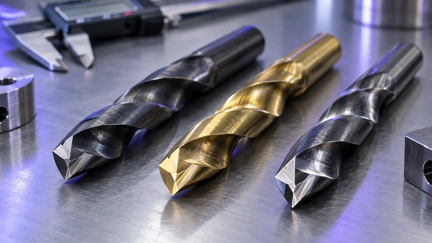 Cobalt, titanium-coated and reground HSS drill points shown for geometry comparison