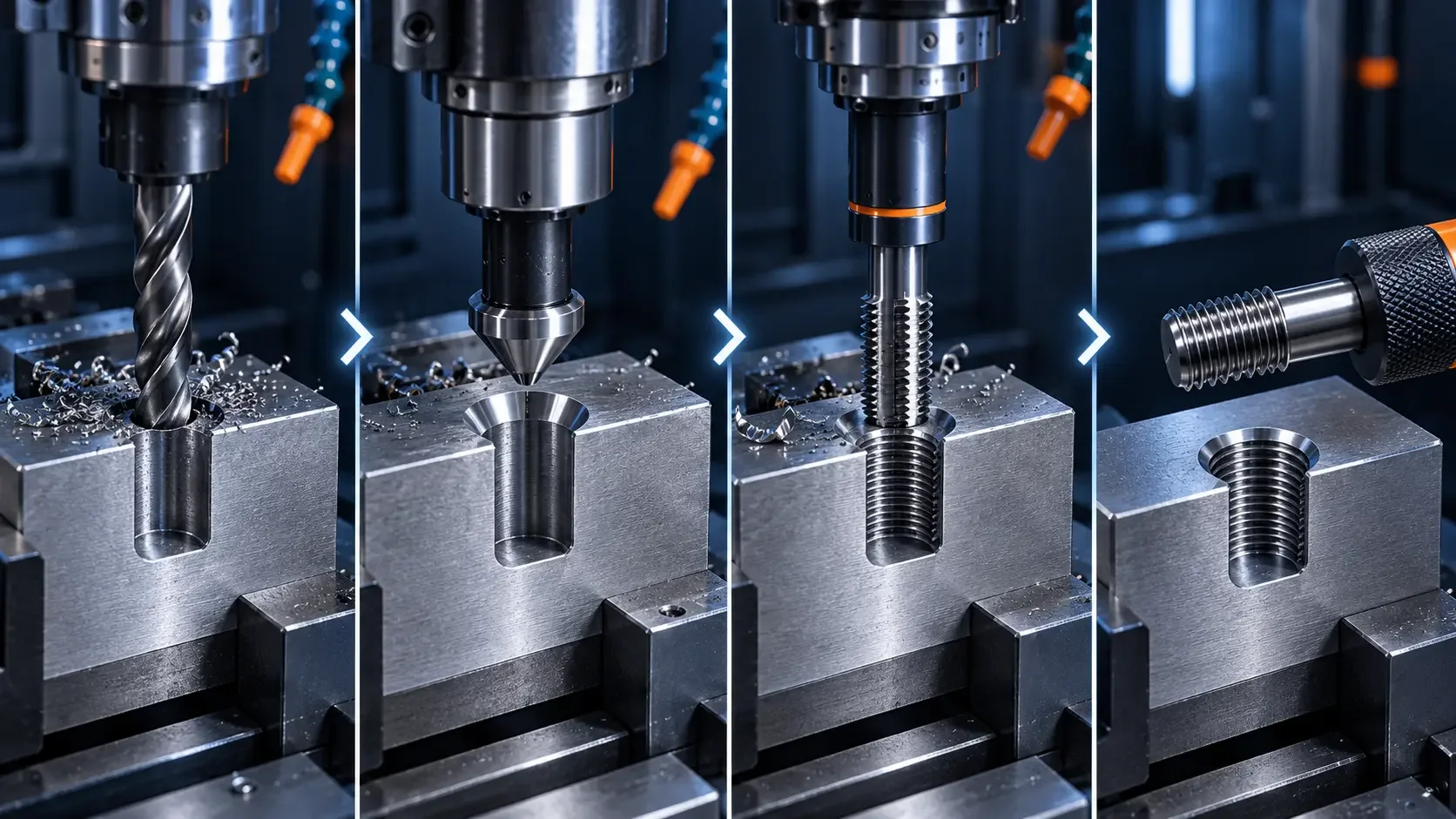 Four-step CNC process showing drilling, chamfering, tapping, and thread inspection