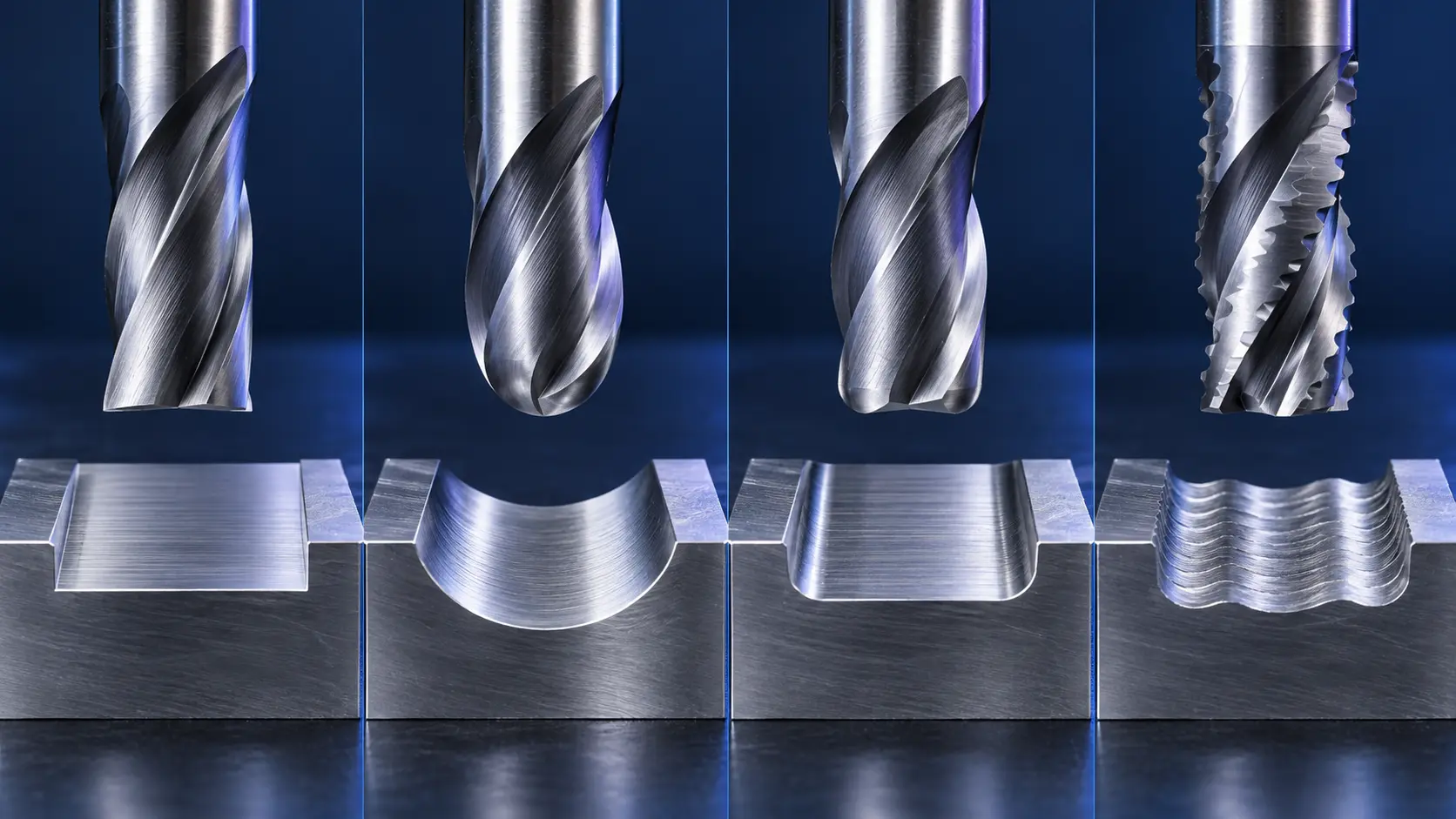 Square, ball nose, corner radius and roughing end mill tip profile comparison
