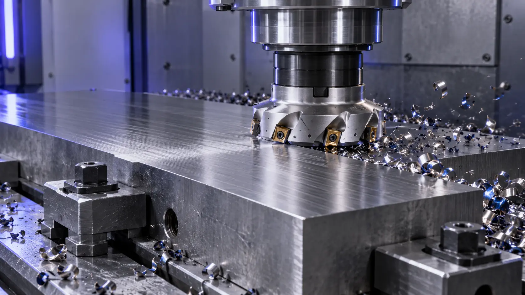 Indexable face mill machining a broad flat steel surface in a CNC machine