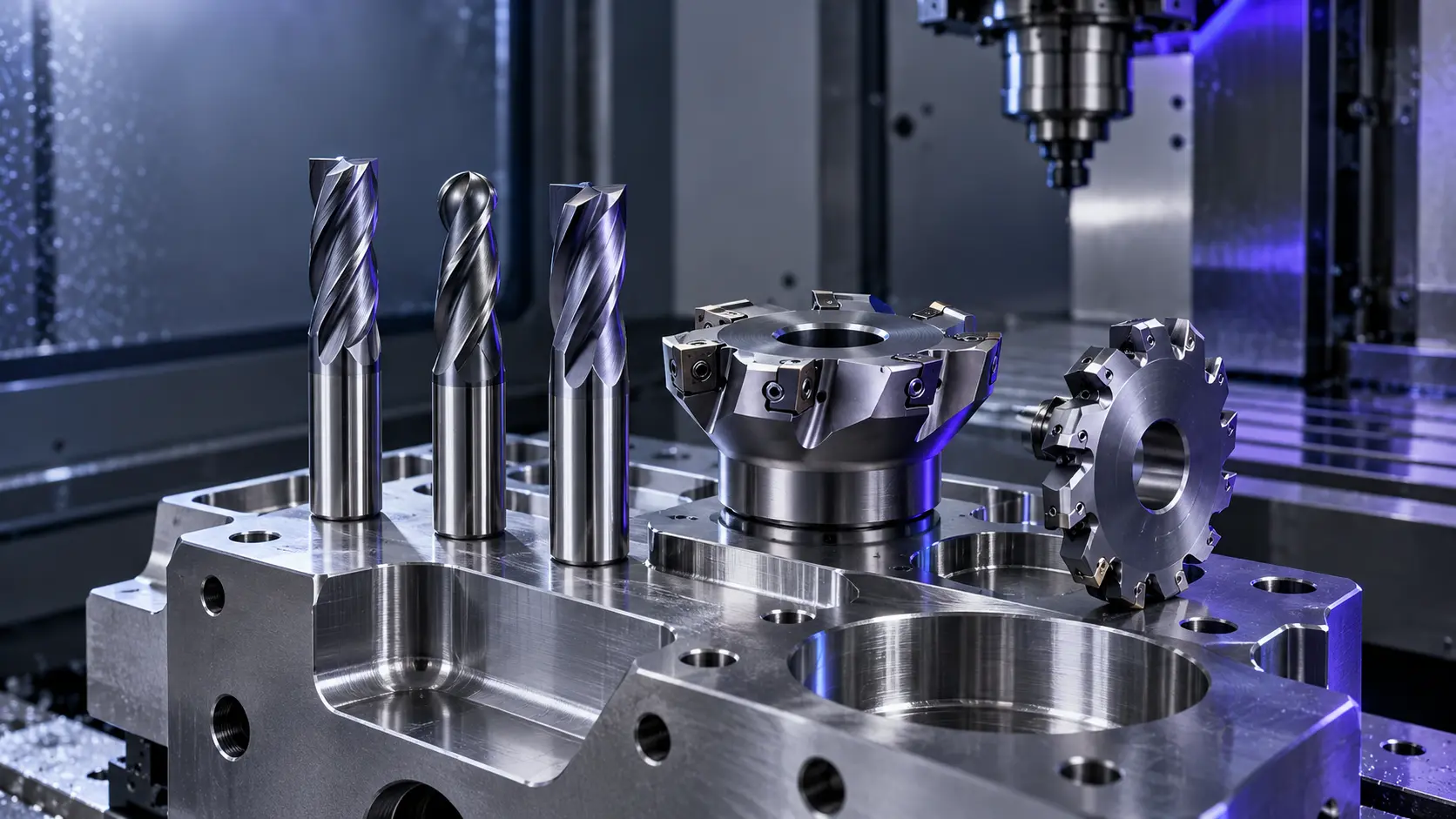 CNC milling cutter tools including end mills, face mill and slotting cutter on a machined steel component