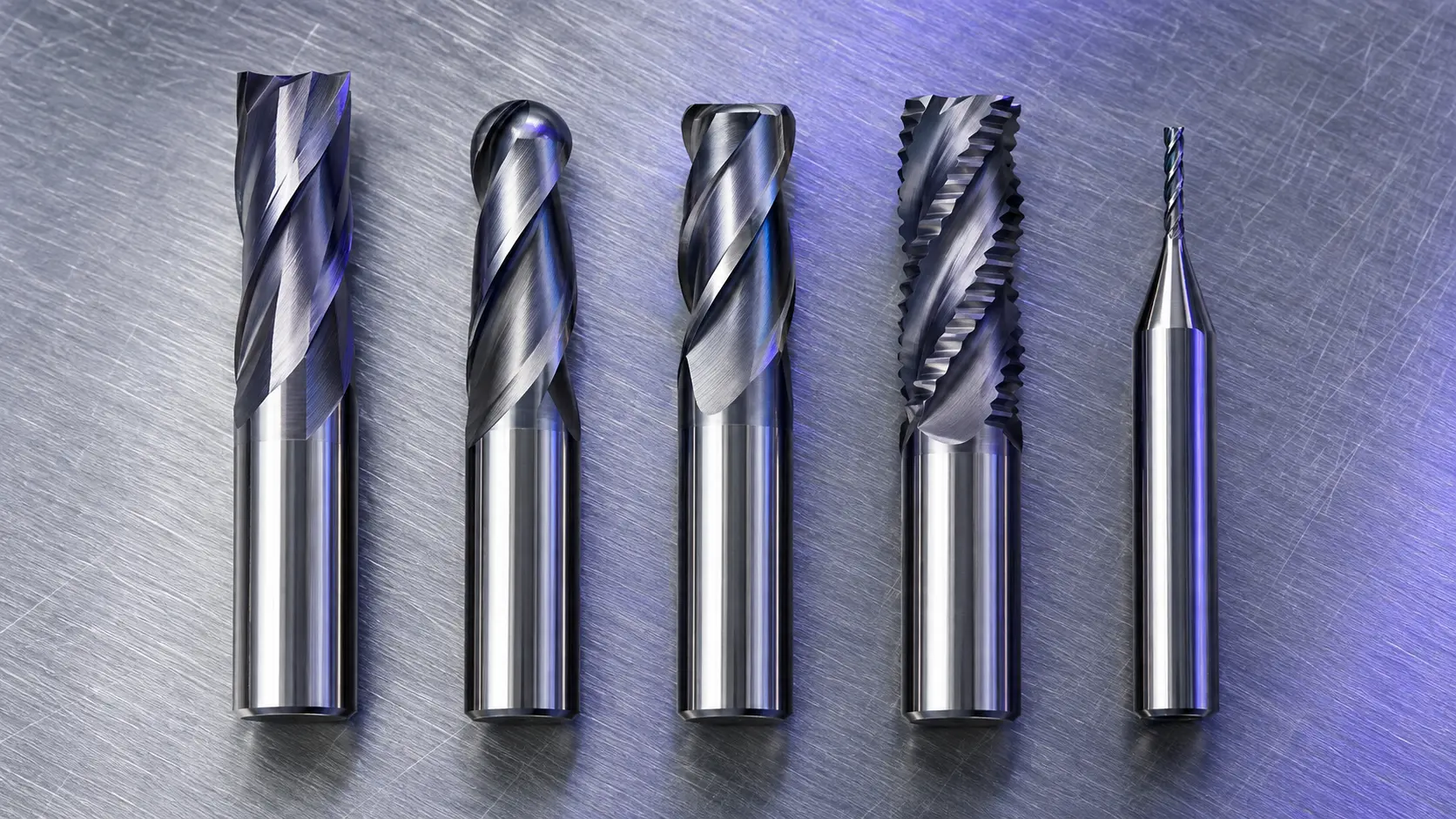 Five types of CNC milling cutters including square, ball nose, roughing and micro end mills