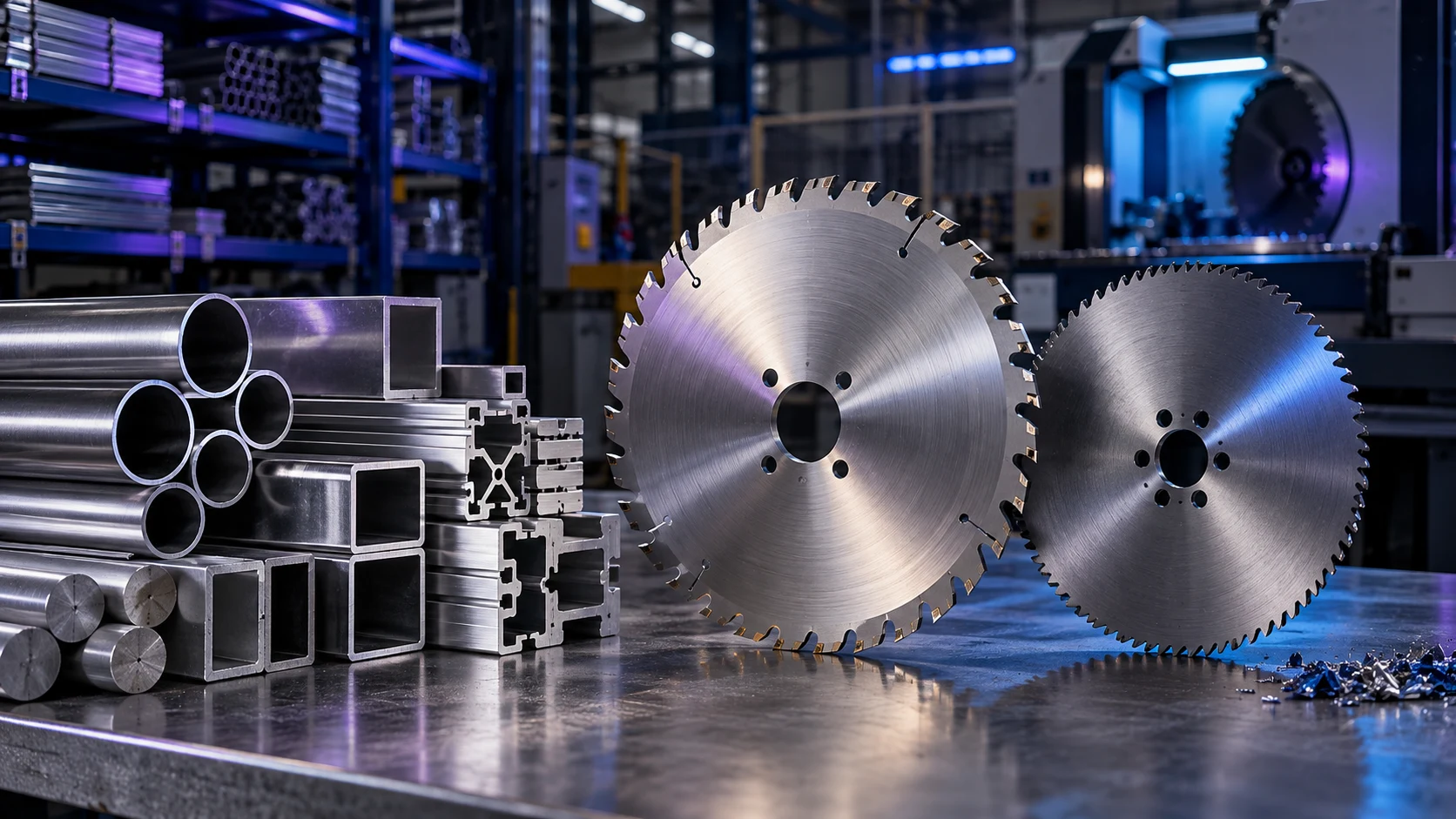 Carbide and HSS saw blades beside metal tubes and profiles