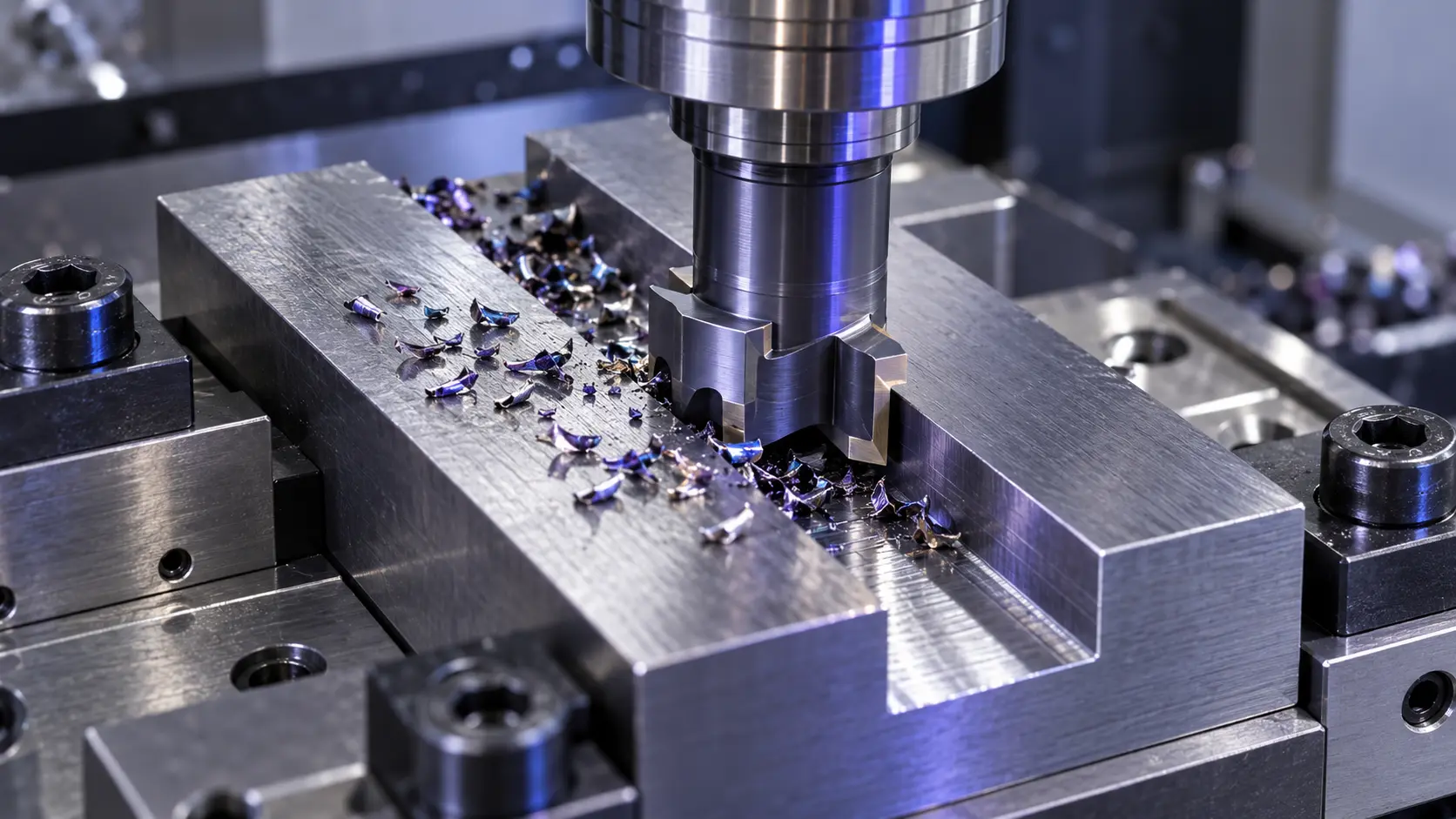 Carbide slotting cutter machining a precision slot in a steel workpiece