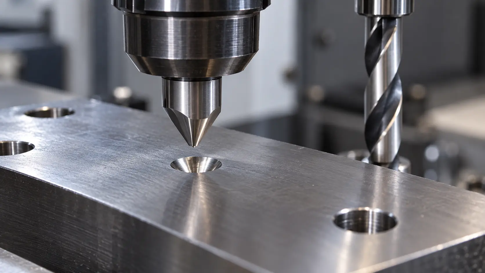 Spot drill creating an accurate starting point in steel