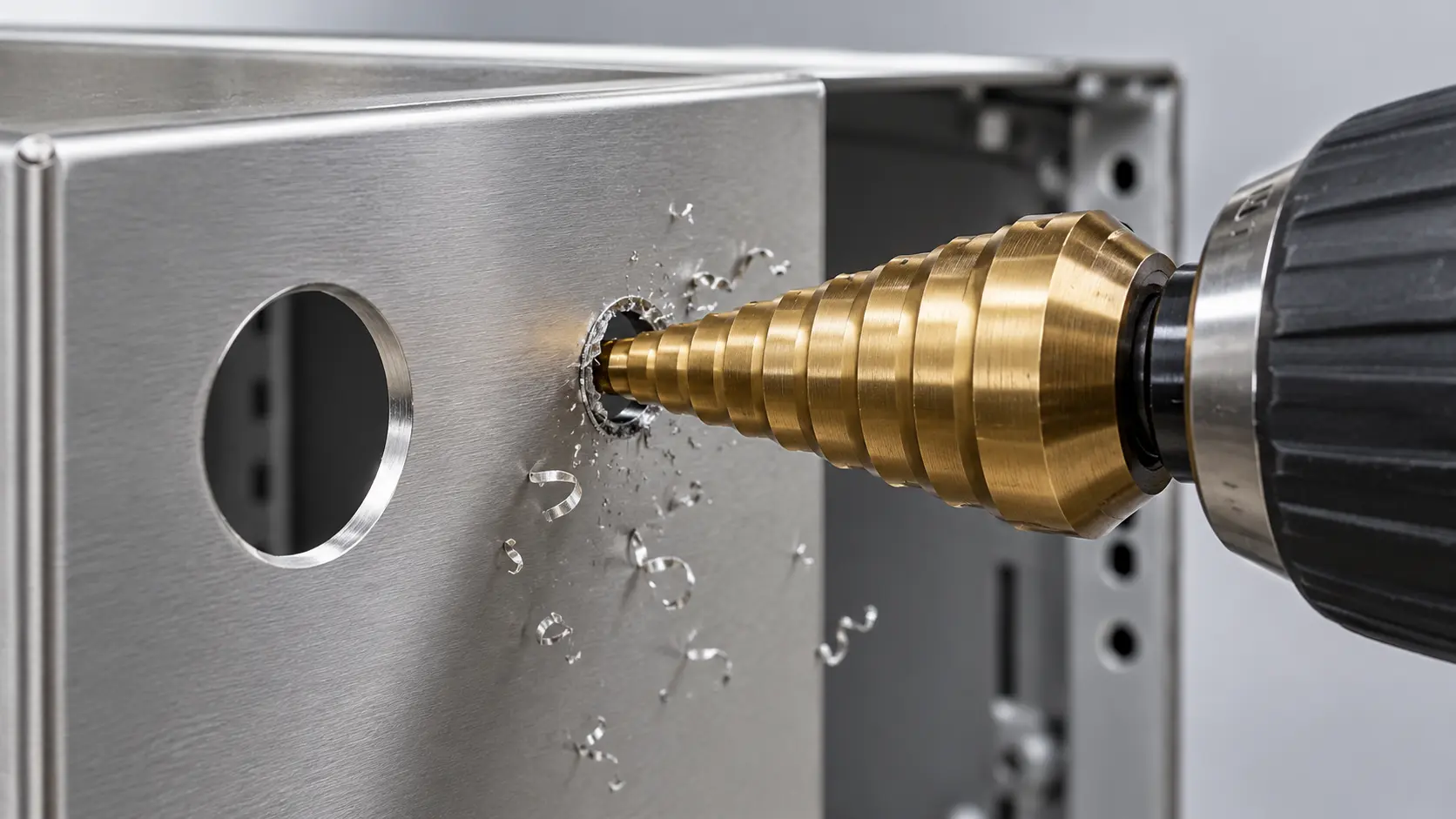 Step drill making a clean hole in a sheet metal panel