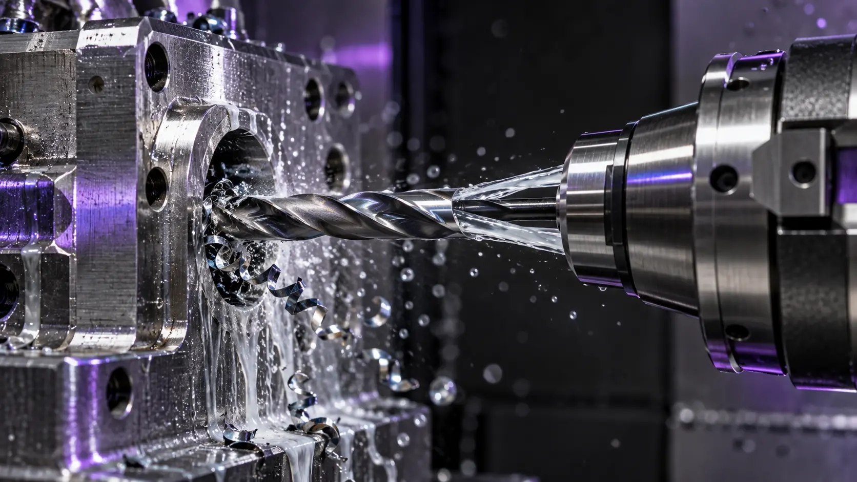 Through-coolant solid carbide drill machining a deep steel hole