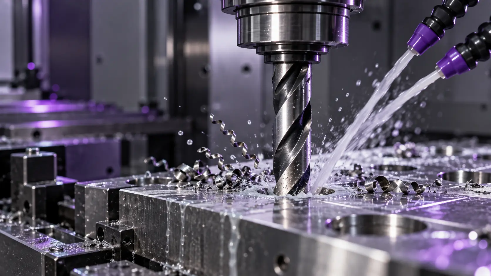 Twist drill machining steel on a CNC machine