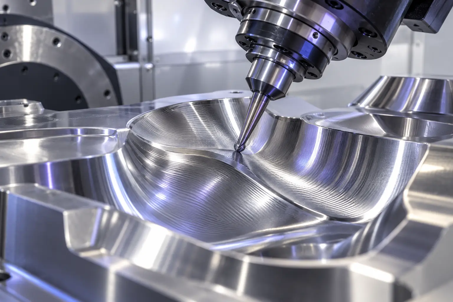 Ball nose end mill finishing a curved 3D mold surface