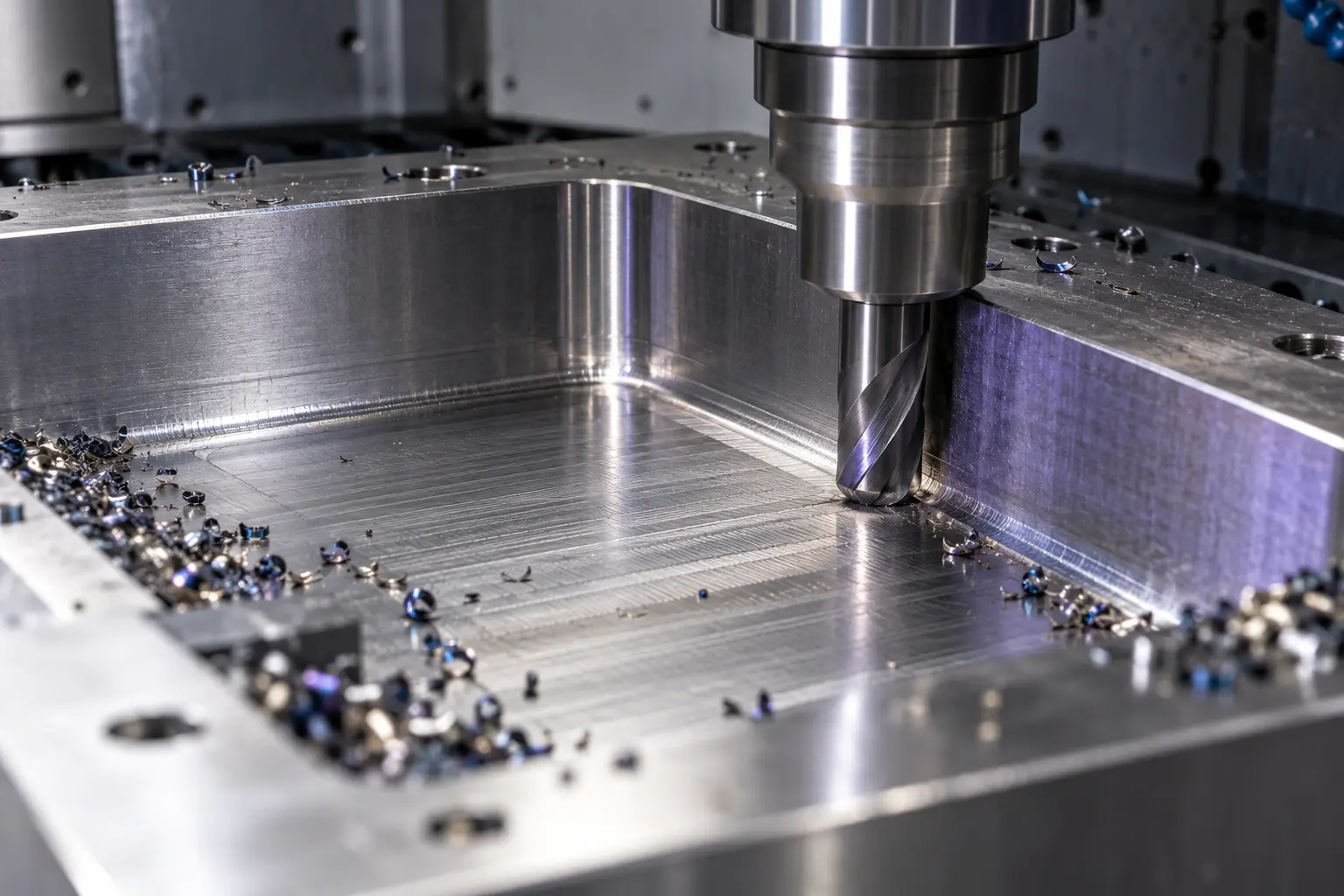 Bull nose end mill machining a flat pocket with radiused corners