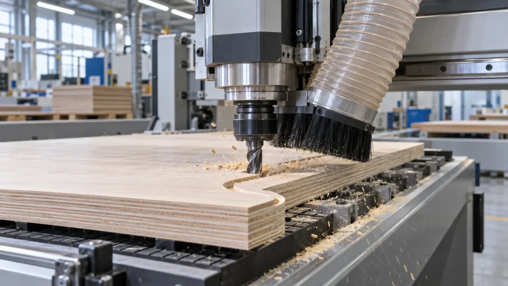 CNC router cutting a laminated plywood panel with a spiral router bit