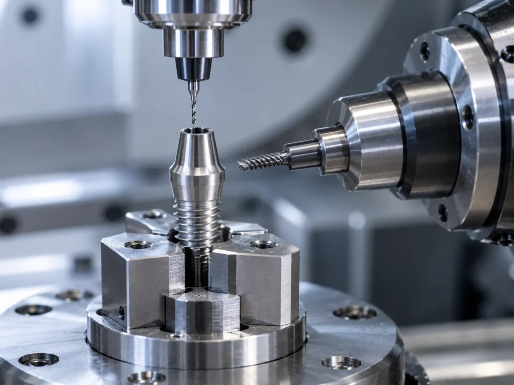 Micro carbide drill machining a titanium dental implant component