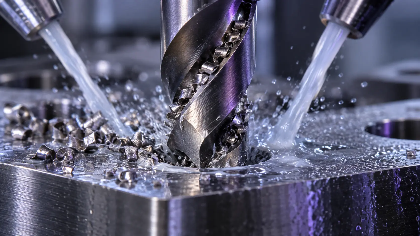 Carbide drill geometry and chip evacuation with coolant
