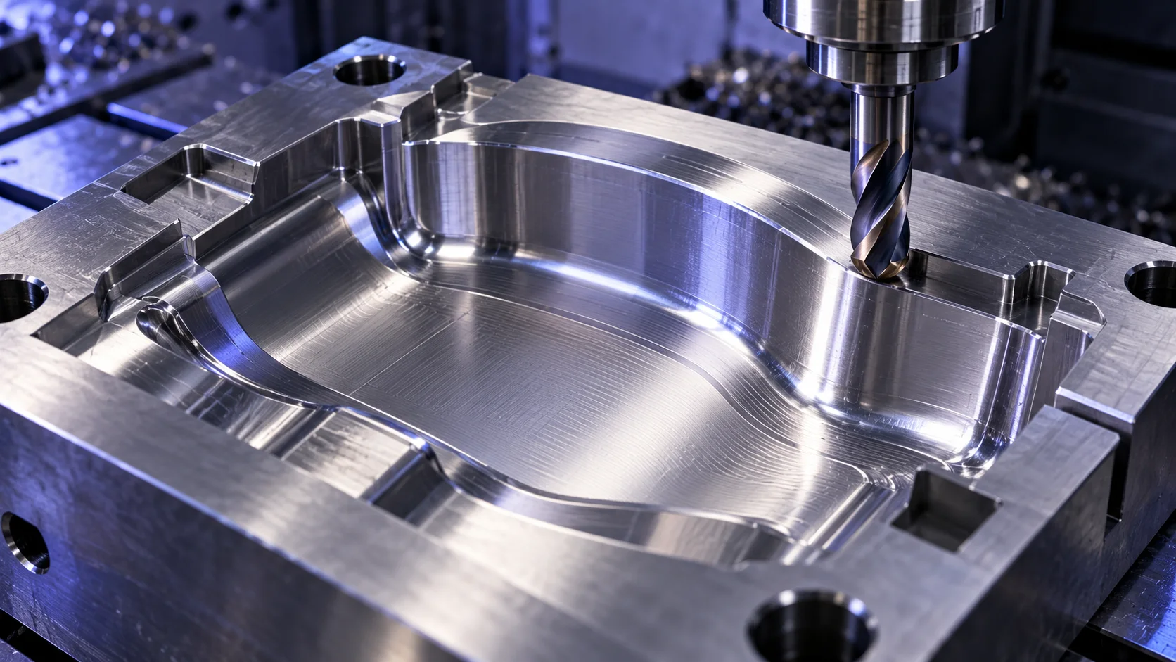 Corner radius end mill machining a steel mold cavity with smooth internal fillets