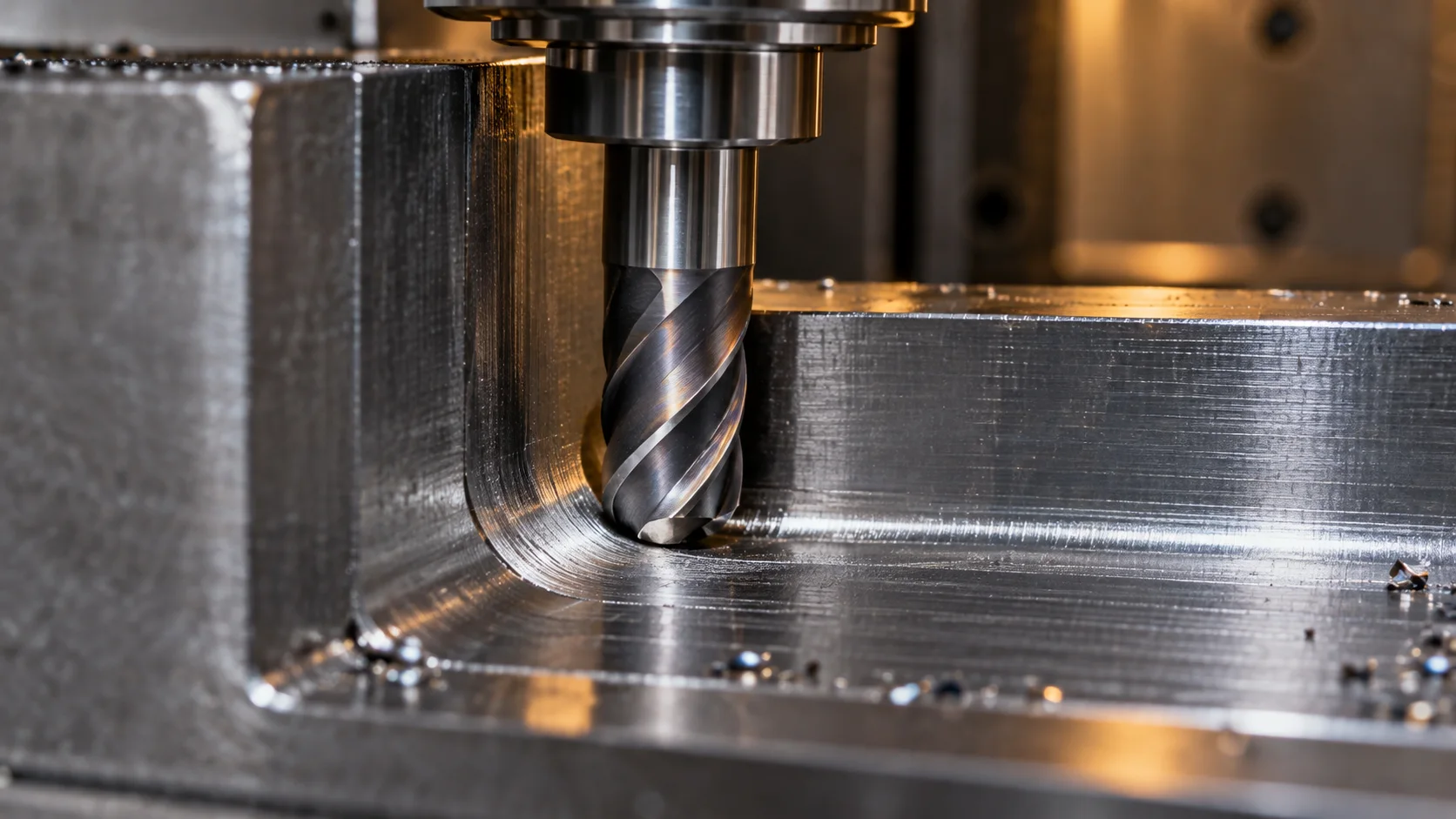 Corner radius end mill cutting an internal radius in a precision mold cavity