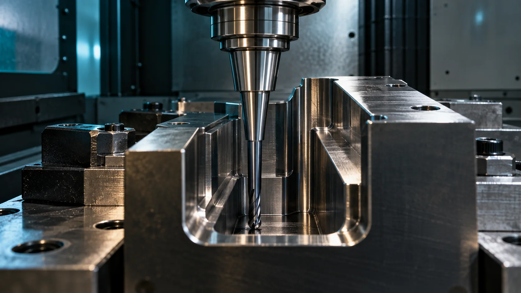 Long neck corner radius end mill reaching into a deep mold cavity