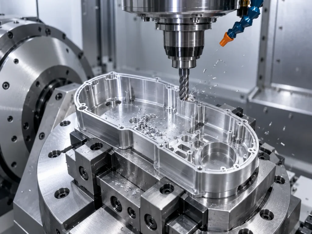 Carbide end mill machining a thin-wall aluminum medical device housing