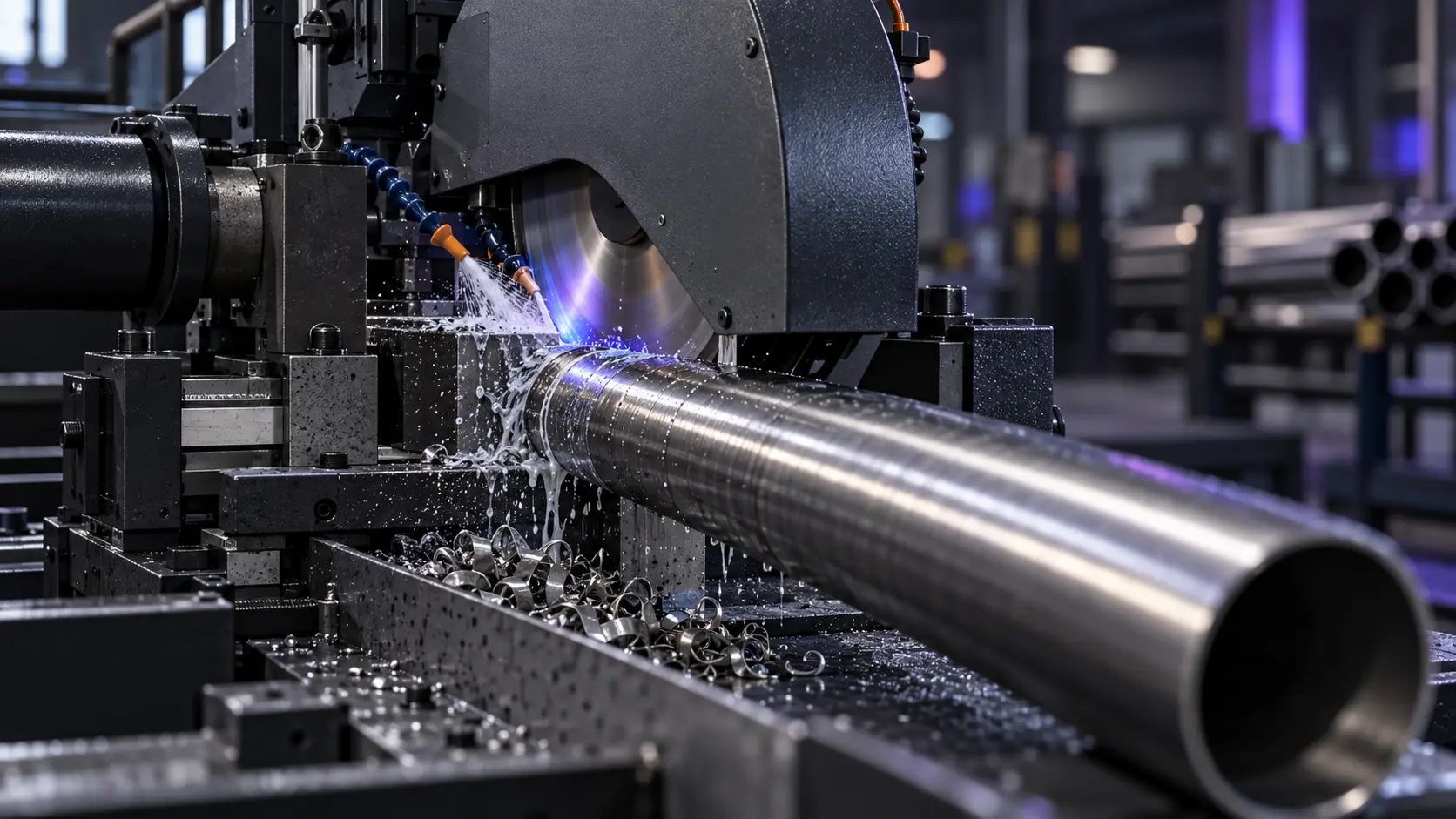Metal circular saw cutting steel tube with controlled coolant and chips