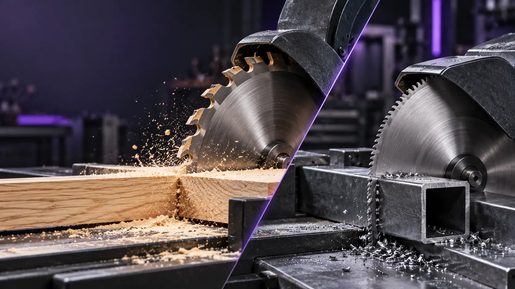 Wood saw blade cutting hardwood beside metal saw blade cutting square steel tube