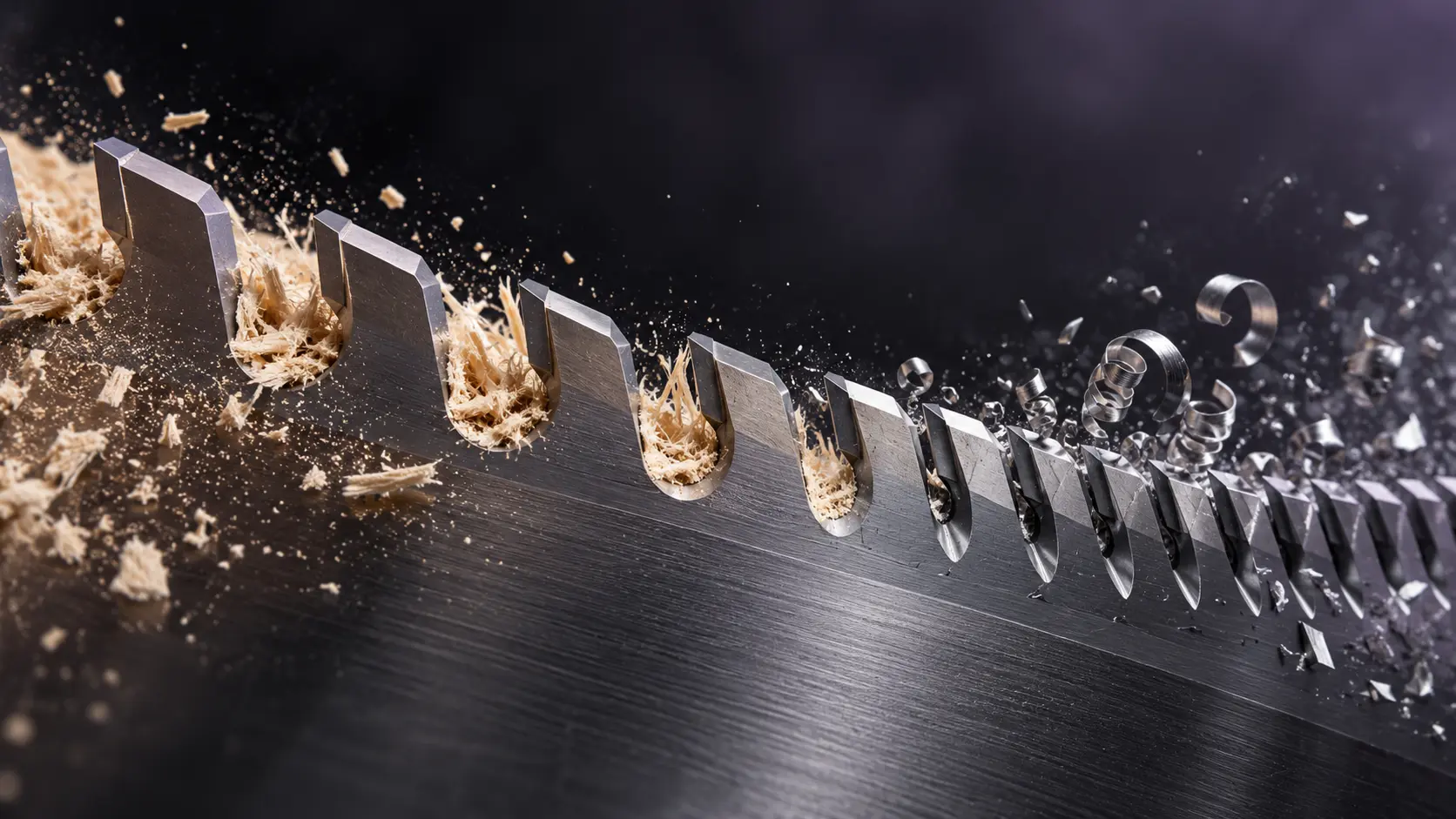 Comparison of wide wood saw blade gullets and fine metal cutting teeth