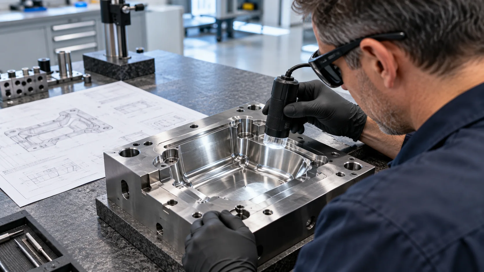 Engineer inspecting a finished mold cavity for end mill selection verification