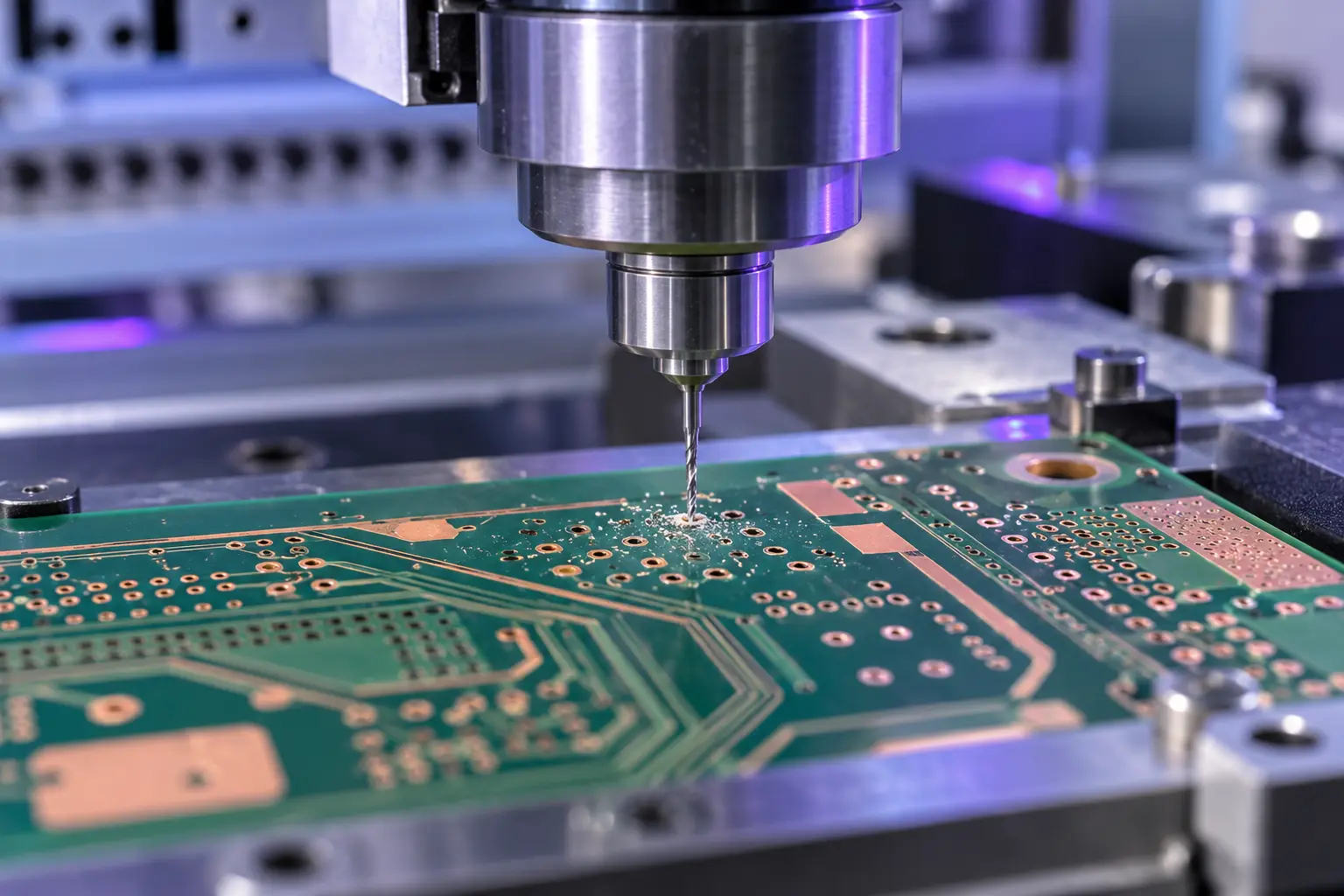 Carbide micro drill machining precision holes in a printed circuit board