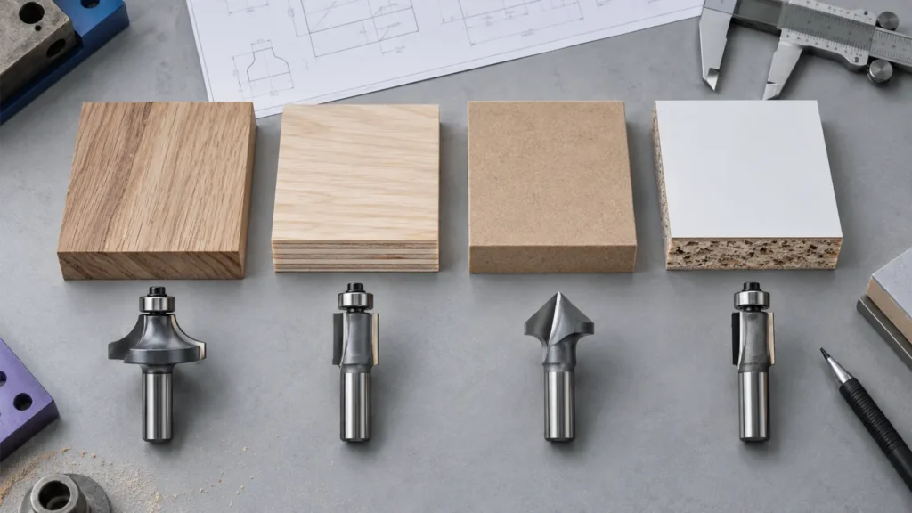 Router bits selected for solid wood, plywood, MDF and laminated particleboard