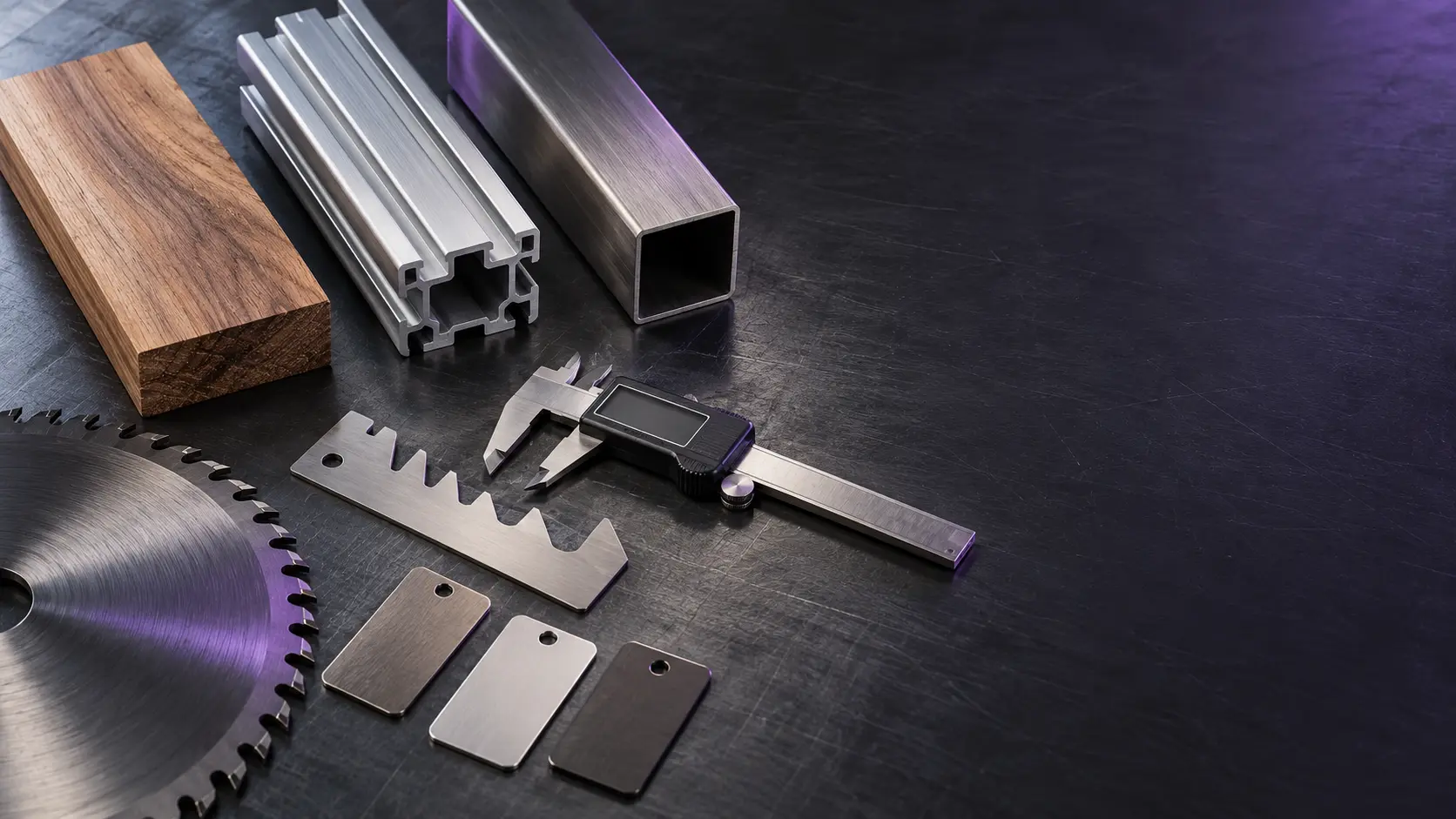 Wood, aluminum and steel material samples for saw blade selection