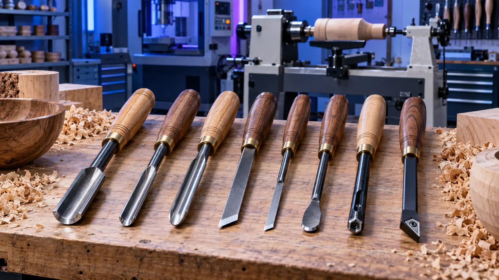 Wood lathe turning tools including gouges chisels scrapers and carbide tools