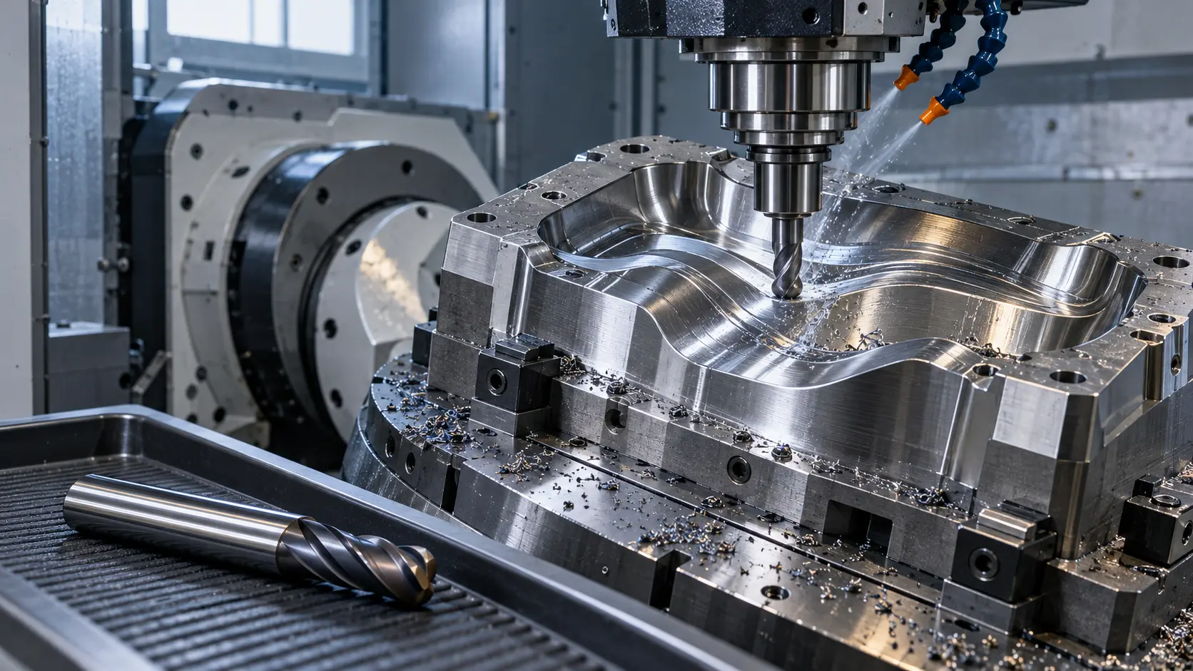 Ball nose end mill machining a contoured mold surface