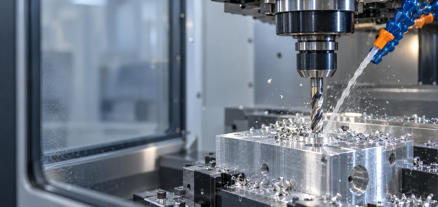 CNC drilling operation on an aluminum workpiece