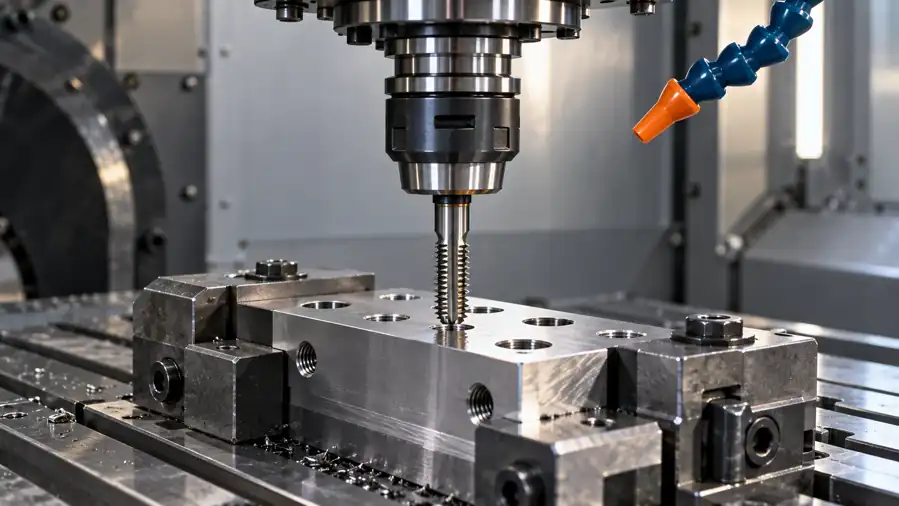 CNC tapping setup showing the tap holder aligned with a metal workpiece