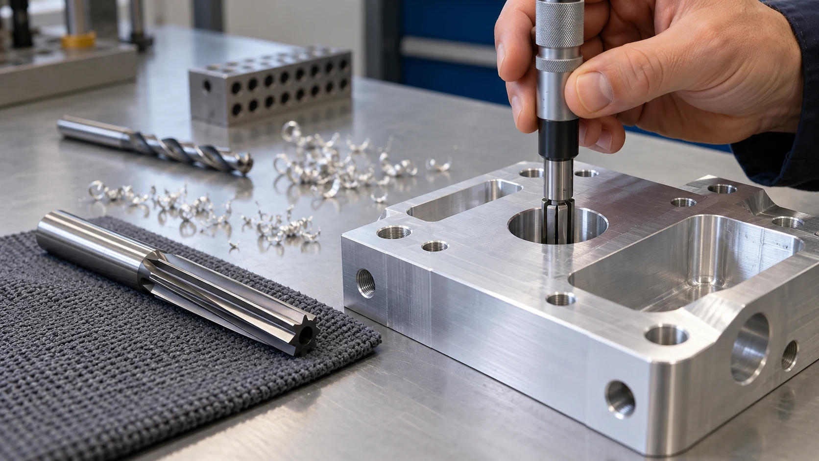 Carbide reamer finishing a hole in an aluminum component